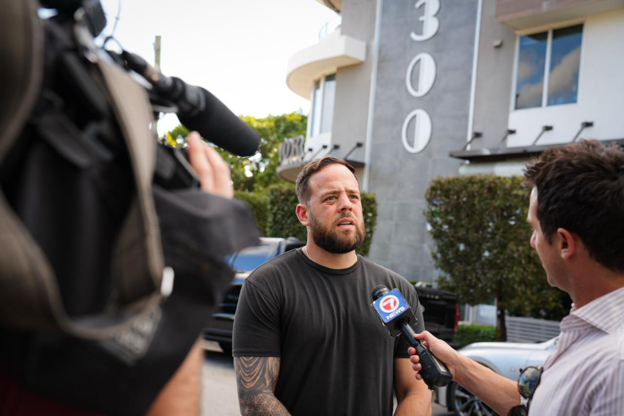 Taylor Wasser interviewed by WSVN 7 News outside a Miami case site